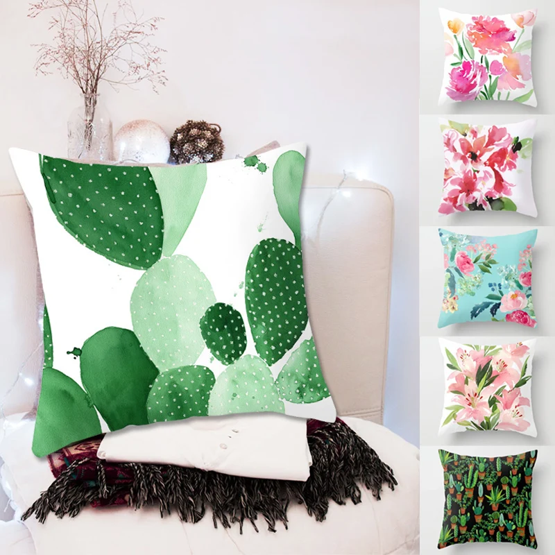 

Cactus Decorative Throw Pillows Tropical Plants Printed Cotton Linen Cushion Cover Home Decor 45*45cm Floral Pillowcase