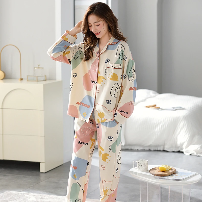 Cotton Pajamas Women Summer Long-sleeved Trousers Two-piece Suit Women's Satin Loose Printed Home Wear Casual Fashion Pajamas