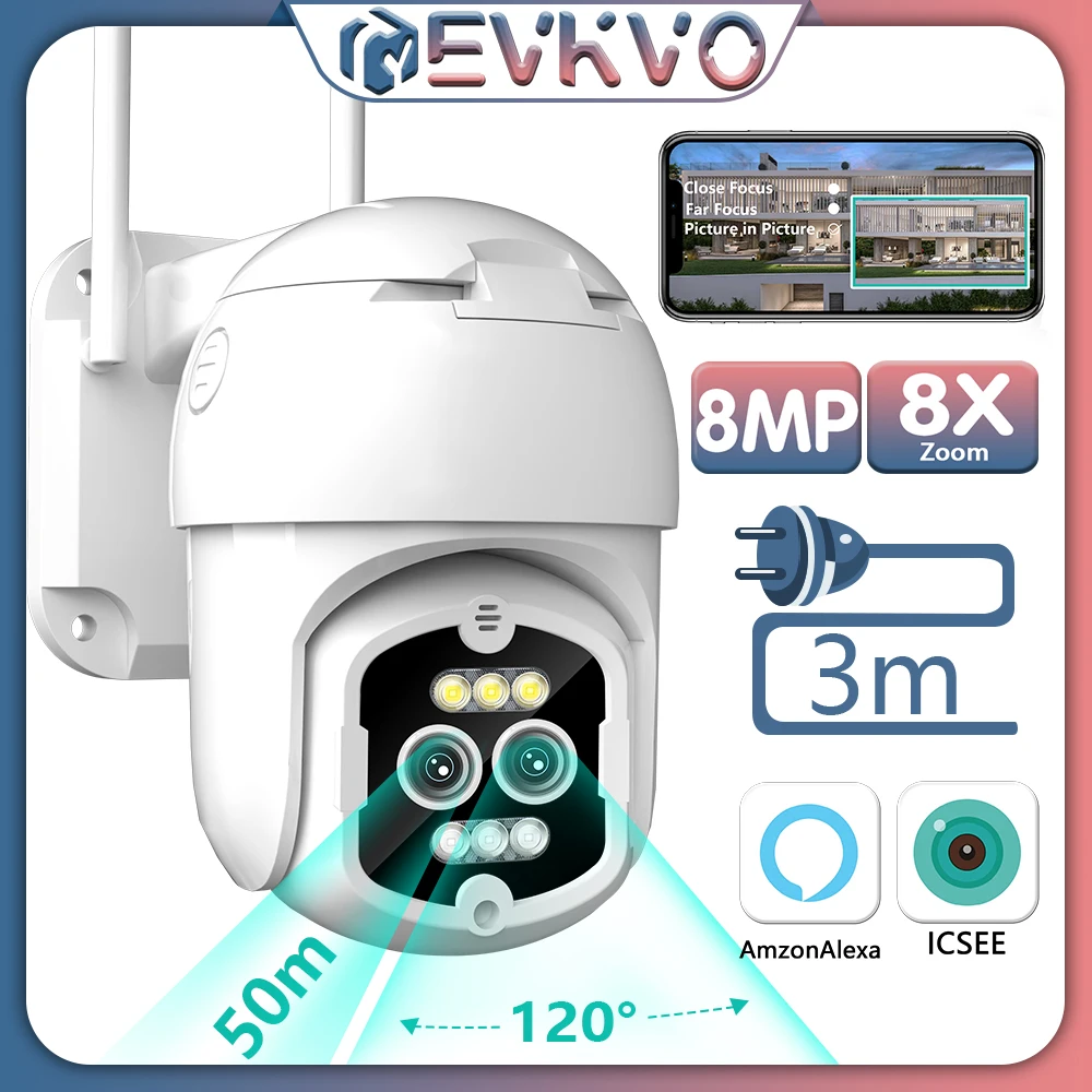 Скидка IP-камера видеонаблюдения с оптическим зумом, 8 Мп, 4K, 8x, 2,8 + 12 мм, PTZ, Wi-Fi, 4 МП