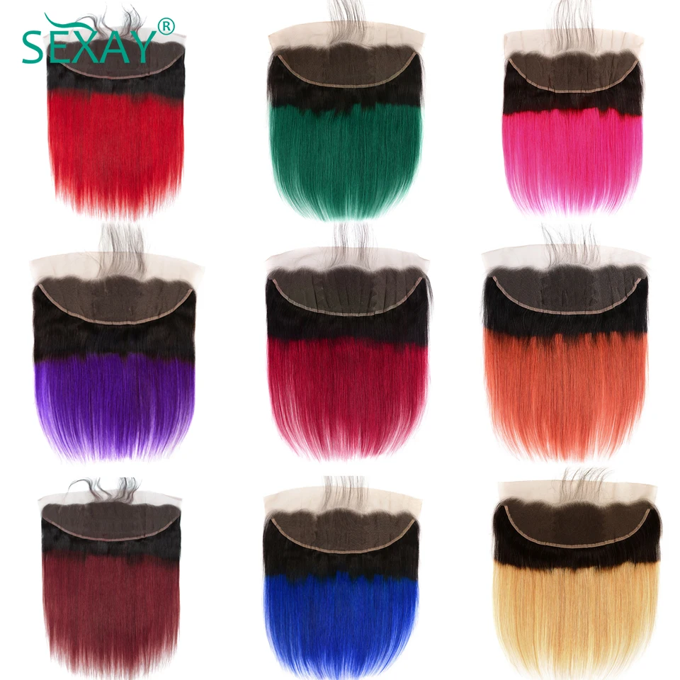 Lace Frontal Pre Plucked Sexay Brazilian Human Hair 2 Tone 1b Turquoise Burgundy Free Part 13x4 Lace Closure Frontal