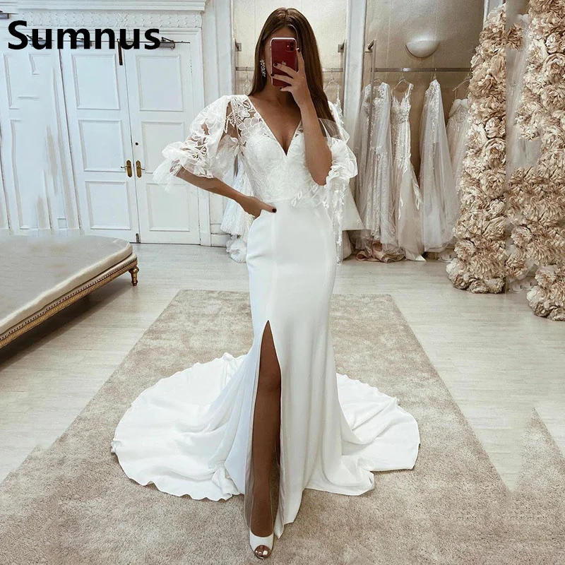 

Sumnus Mermaid Wedding Dress Short Sleeves 2022 Vestidos de novia Vintage Lace Side Split Bridal Gown Women Wedding Gowns