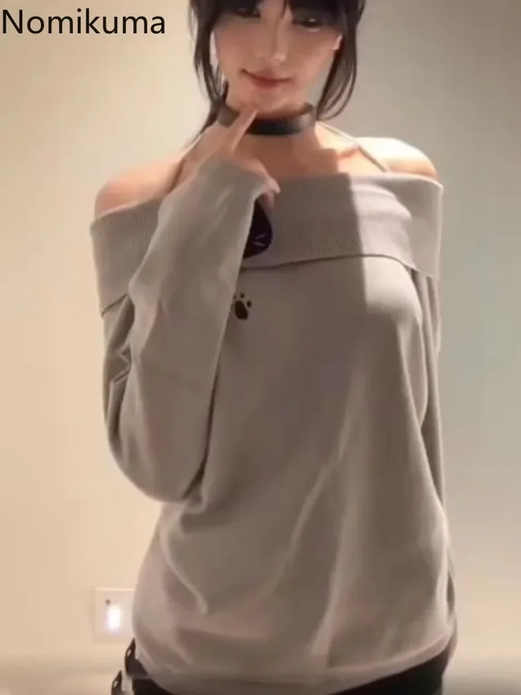 Женский японский свитер Sueter для женщин джемпер с воротником-лодочкой и открытыми