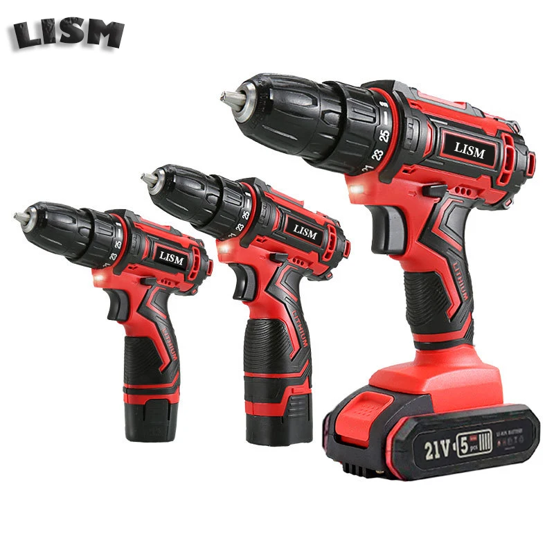 

LISM 12V/18V/21V Cordless Lithium Electric Drill Electric Screwdriver Pure Copper Motor Two-Speed ​​High Torque Electric Drill