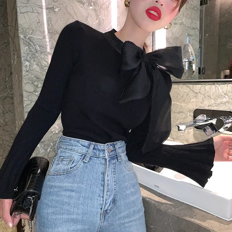 Ezgaga лента с бантом воротник женский элегантный свитер пуловер корейский