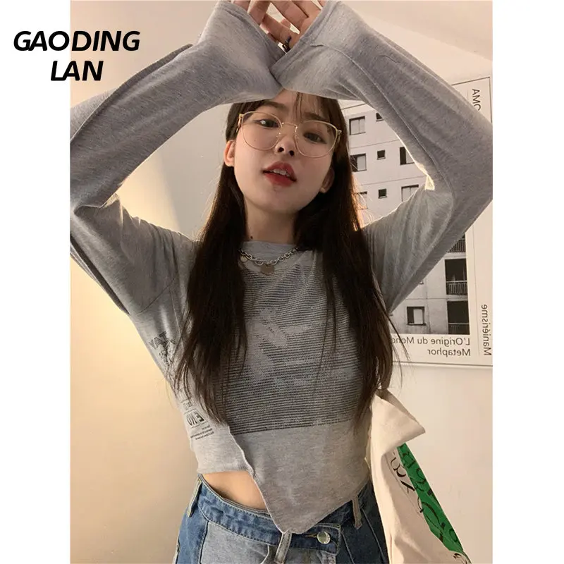 

Женская футболка с длинным рукавом и креативным принтом на осень и зиму