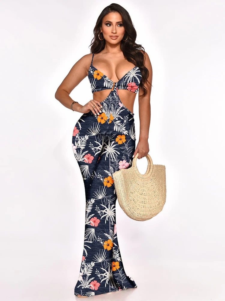 

Spaghetti Strap Floral Print Jumpsuits Womens Summer Clothing 2022 Waist Band Cut Out Sleeveless One Piece Overall Club Outfits