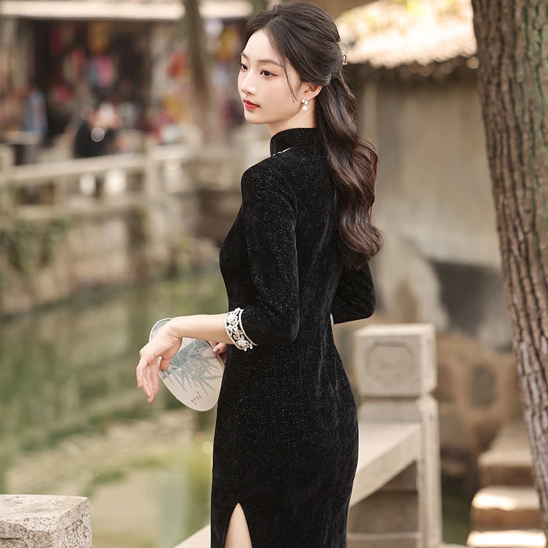 Осенне-зимнее тонкое темпераментное платье новое китайское женское Cheongsam