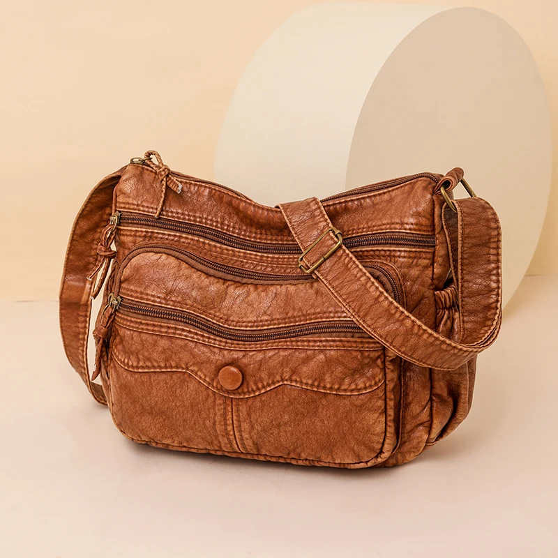 

Women's Bag Vintage Female Shoulder Bag PU Leather Crossbody Bag Soft Women Purse Multi-pockets Messenger Bag Designer Handbag