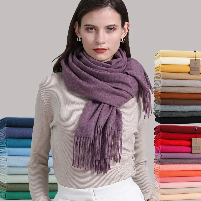 

32 Colors Cashmere Scarf Women Men Solid Color Leather Patch Warm Winter Scarf Fashion Tassel Muffler Large Size Couple Wrap