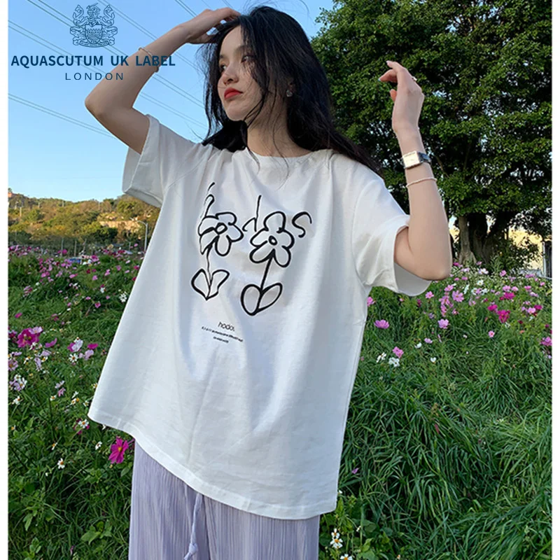 

Топ с рисунком цветка Aquascutum, тонкая белая свободная футболка с коротким рукавом для студентов