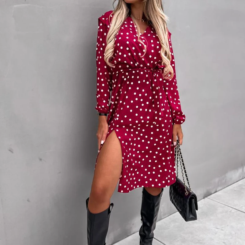 

Spring Autumn Fashion Polka Dot Print Slit Dress Women Long Sleeve V-Neck Waist Lace-Up Dress Ladies Casual Slim Commuter Dress