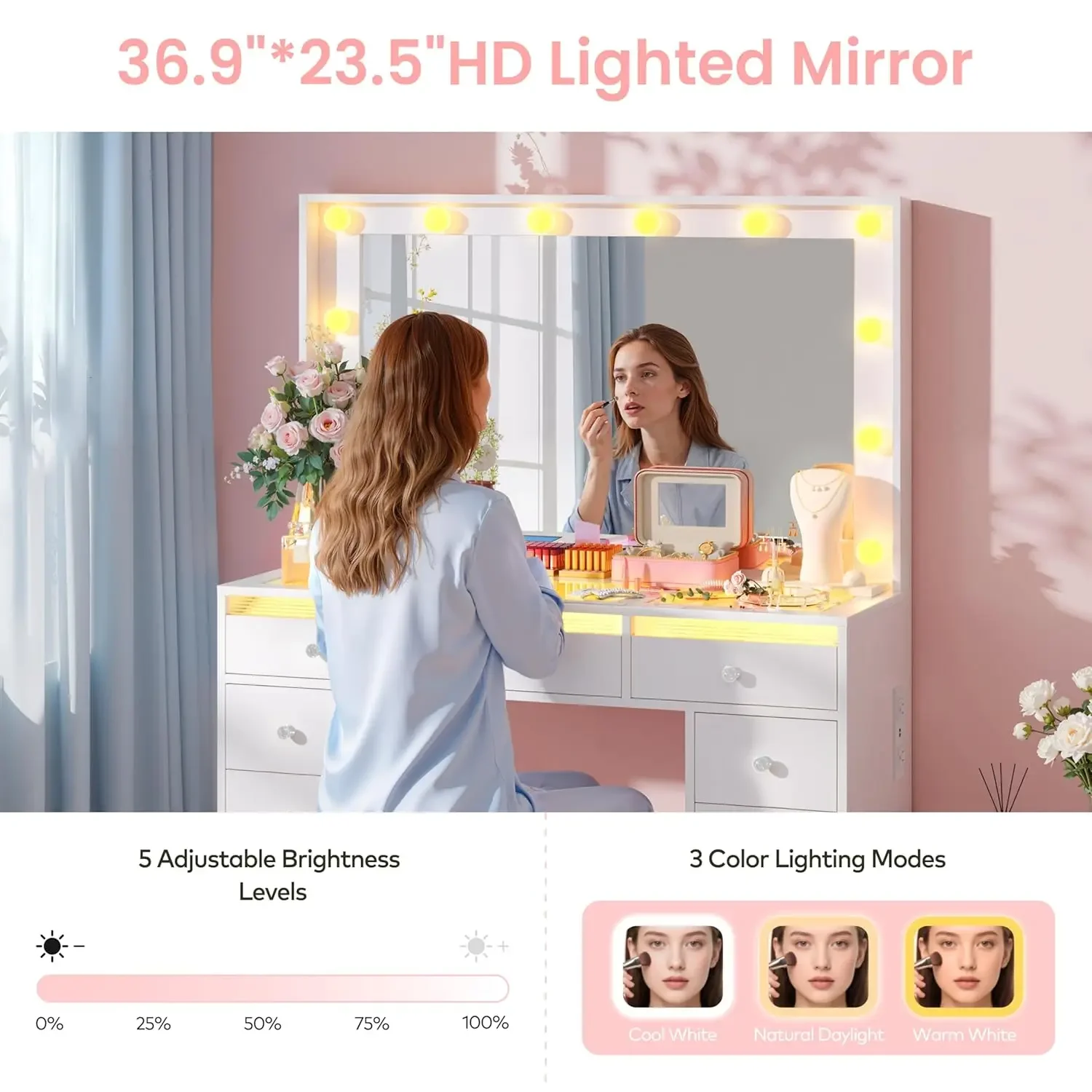 Фото Туалетный столик с RGB-подсветкой и большим зеркалом 36,9 дюйма, 11 ящиков, стеклянная столешница и 3-цветные голливудские лампы, для макияжа №4