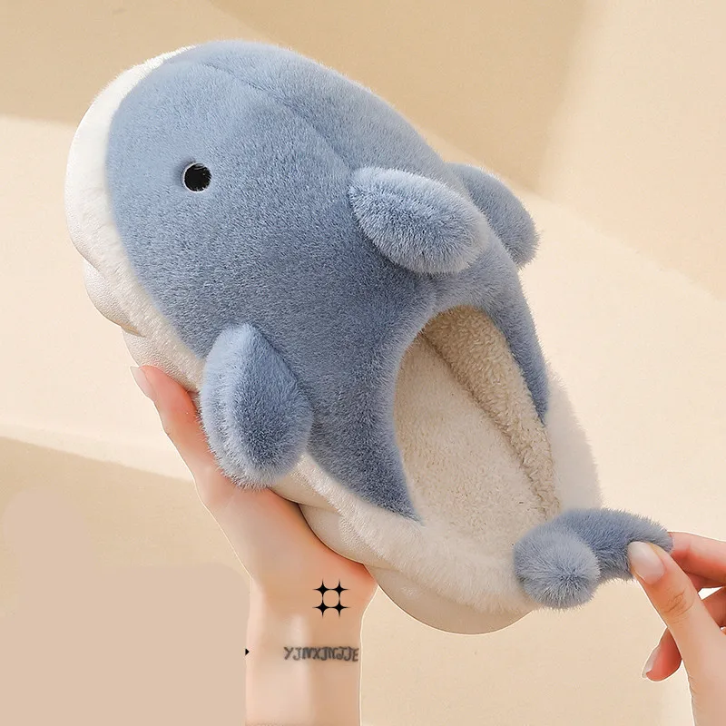 Shevalues Warm Winter Women Plush Slippers Cartoon Shark Cotton Slippers With Fur Thick Bottom Non-slip Outdoor Home Men's Shoes