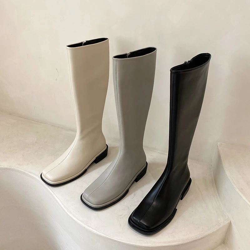 

Square Toe Women Knee High Boots Back Zipper 2022 New Arrivals Beige Grey Black Flat Low Heels Winter Party Botas Autumn Boots