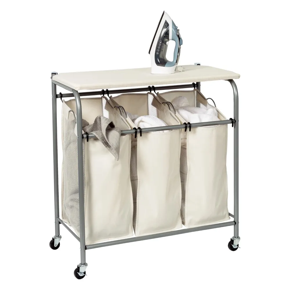 

Triple Laundry Sorter with Ironing Board Wheeled Washing Truck