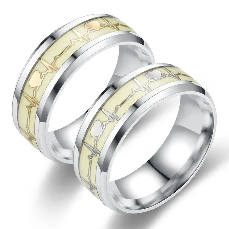 

Stainless Steel Luminous Heartbeat Ring Female European and American Fashion ECG Titanium Steel Couple Ring