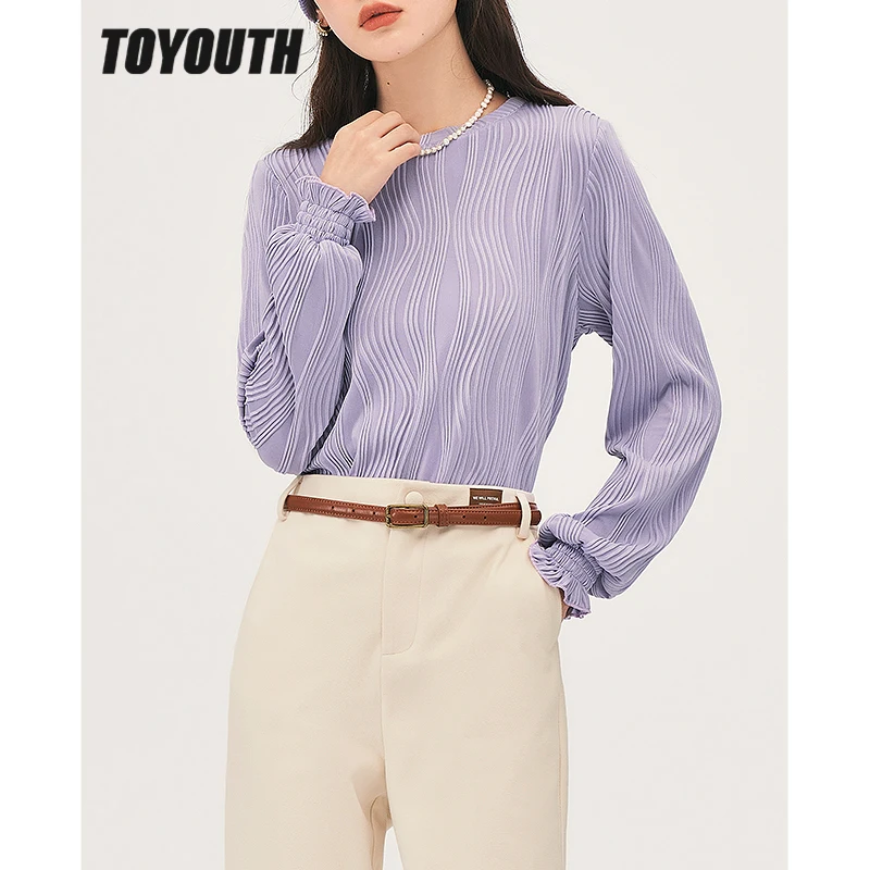 

Toyouth Women Tees 2022 Winter Butterfly Sleeve O Neck Loose Tshirt Wavy Texture Solid Purple Casual Streetwear Tops