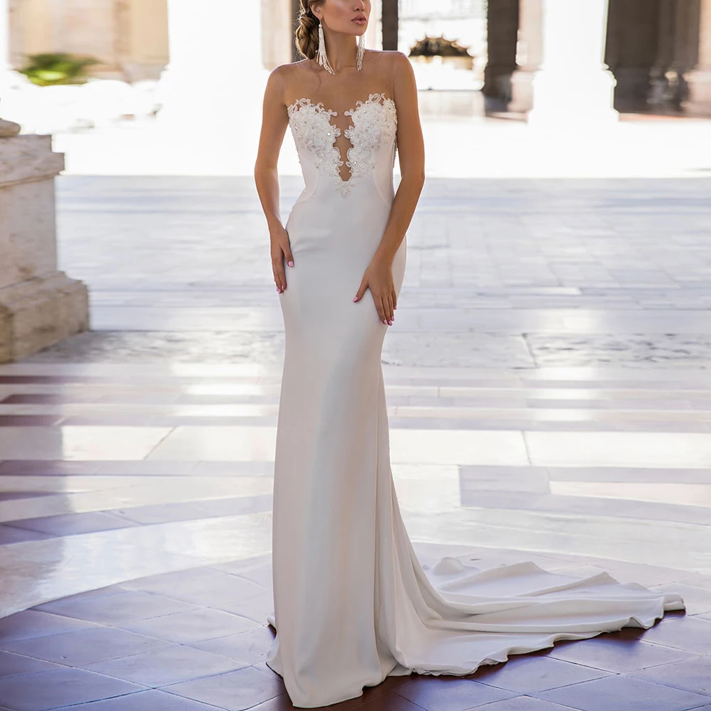 

Sexy Illusion Back Satin Wedding Dresses O Neck Lace Appliqued Backless Mermaid Bridal Gowns Luxury Beaded 2022 Simple Vestido