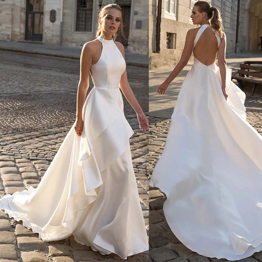 

Bohemian Open Key Hole Back Beach Wedding Dress 2022 Sleeveless Country Satin Layered Bride Gown Robe De Mariée Bride Gown