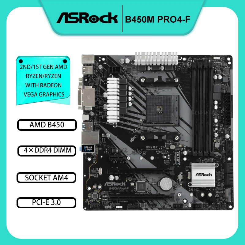

Asrock B450M Pro4-F motherboard AMD B450 Socket AM4 4×DDR4 DIMM Micro ATX PCI-E 3.0 4×SATA III 2×M.2 64GB 1×RJ45
