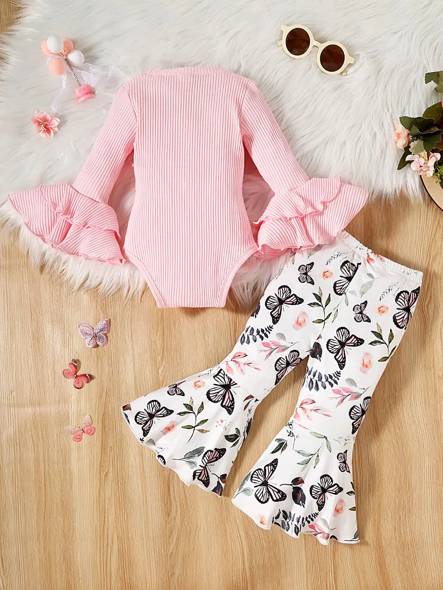 

Solid Color Rib Knit Flare Long Sleeve Jumpsuit with Butterfly Flower Print Flare Pants - Adorable 2Pcs Outfit for Baby Girls