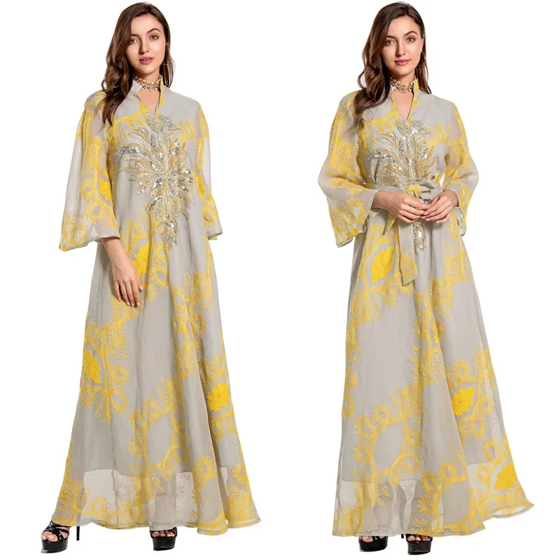 High Quality Dubai Luxury Long Sleeve Womens Dresse Muslim Fashion Malaysia Abaya Sequin Embroidered Middle East Ethnic Clothing
