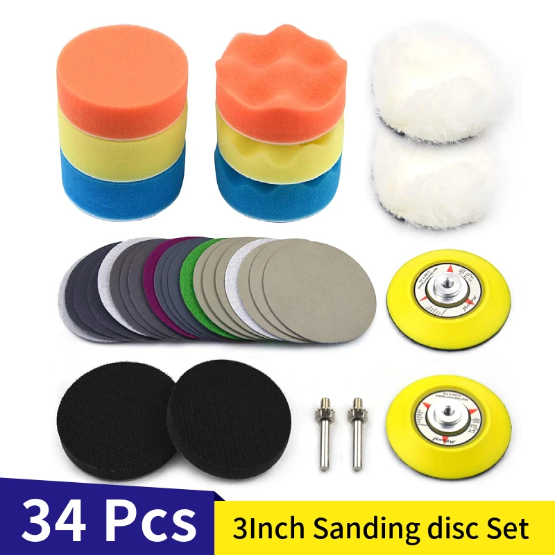 

3 Inch 75mm Sanding Discs & Sponge Polishing Pads Kit Backing Plate Woolen Buffer Pads for Car Sanding Buffing Waxing（34 Pcs ）