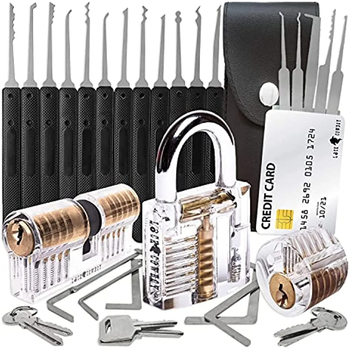 

Optional 30-Piece Lock Picking Set with 3 Transparent Training Locks and Credit Card Lock Pick Tool Kit