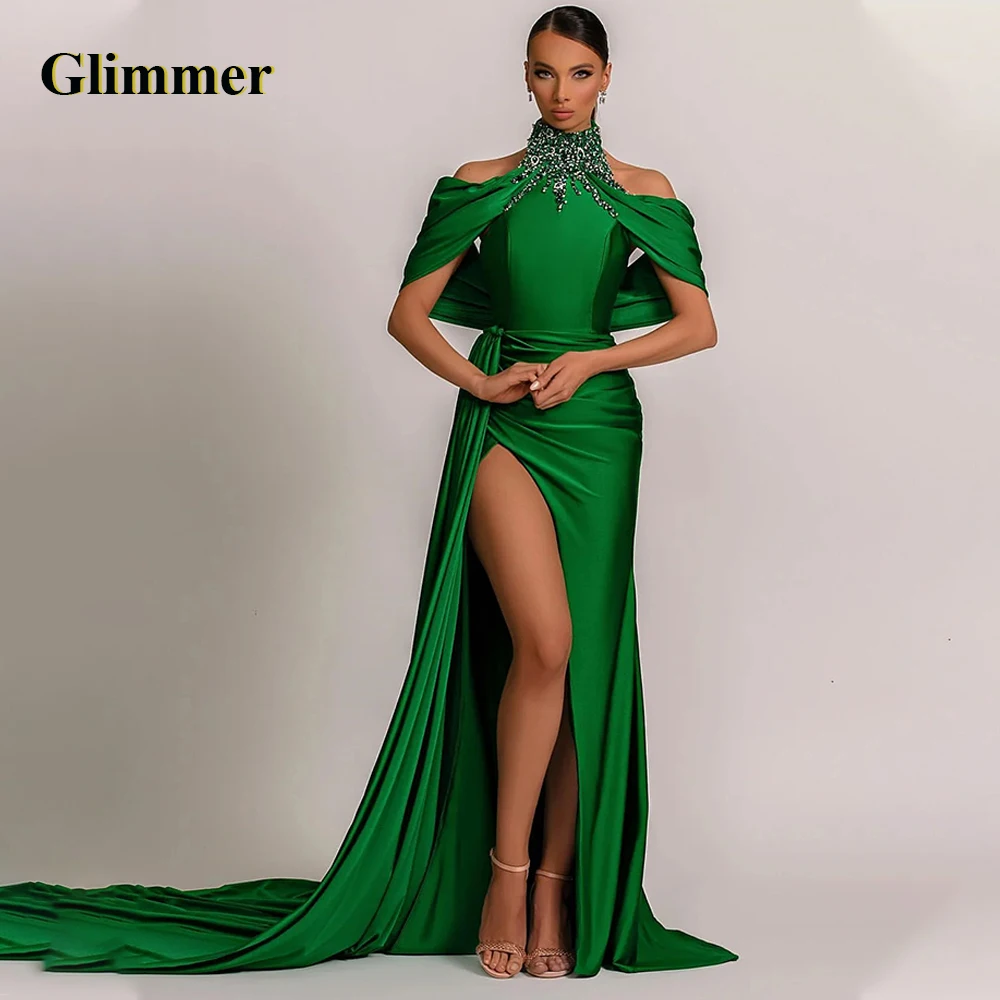 

Glimmer Fancy Off The Shoulder Celebrity Dresses Trumpet High Neck Slit Rhinestones Court Train Vestidos De Gala Customised