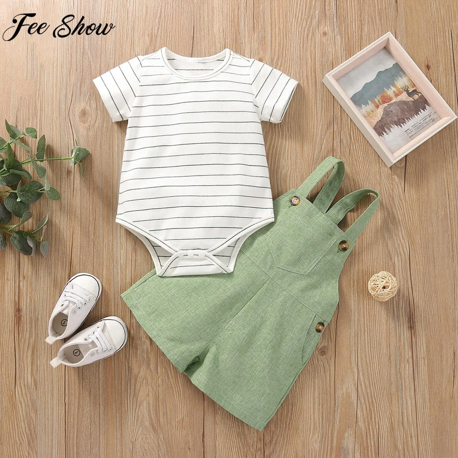 

Summer Baby Set Casual 3-24M Infant Girls Outfits Short Sleeve Stripe Romper with Suspender Shorts Fashion Daily Wear Loungewear