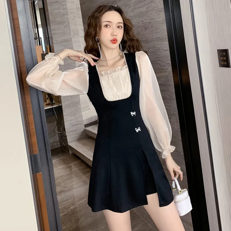 

Real Shot 2022 Autumn New Long-Sleeved Temperament Slimming and Age-Reducing Dress and Shorts OL Work Wear Two-Piece Suit