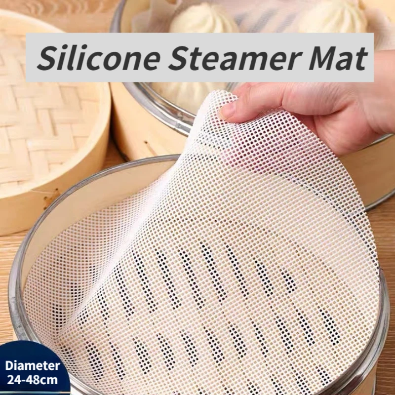 

White Round Bun Bamboo Steamer Mat Mantou Dim Sum Baking Silicone NonStick Pads Round Hole Mesh Cushion for Kitchen Tool 24-48cm