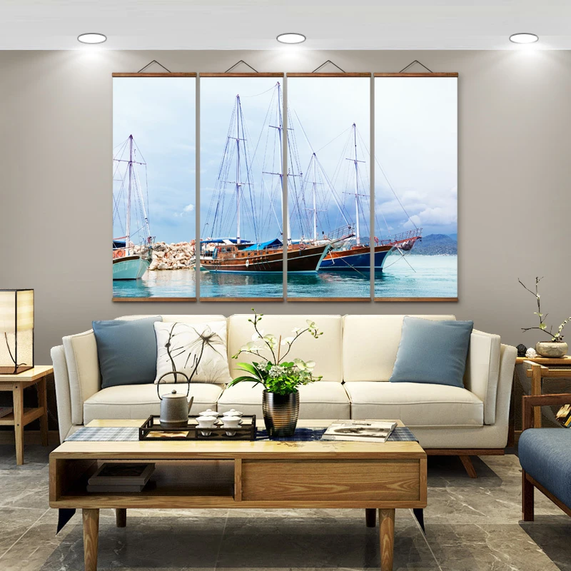 

MT0109 Chinese Style Sailboat At Sea Decorative Wall Art Canvas Posters Solid Wood Scroll Paintings