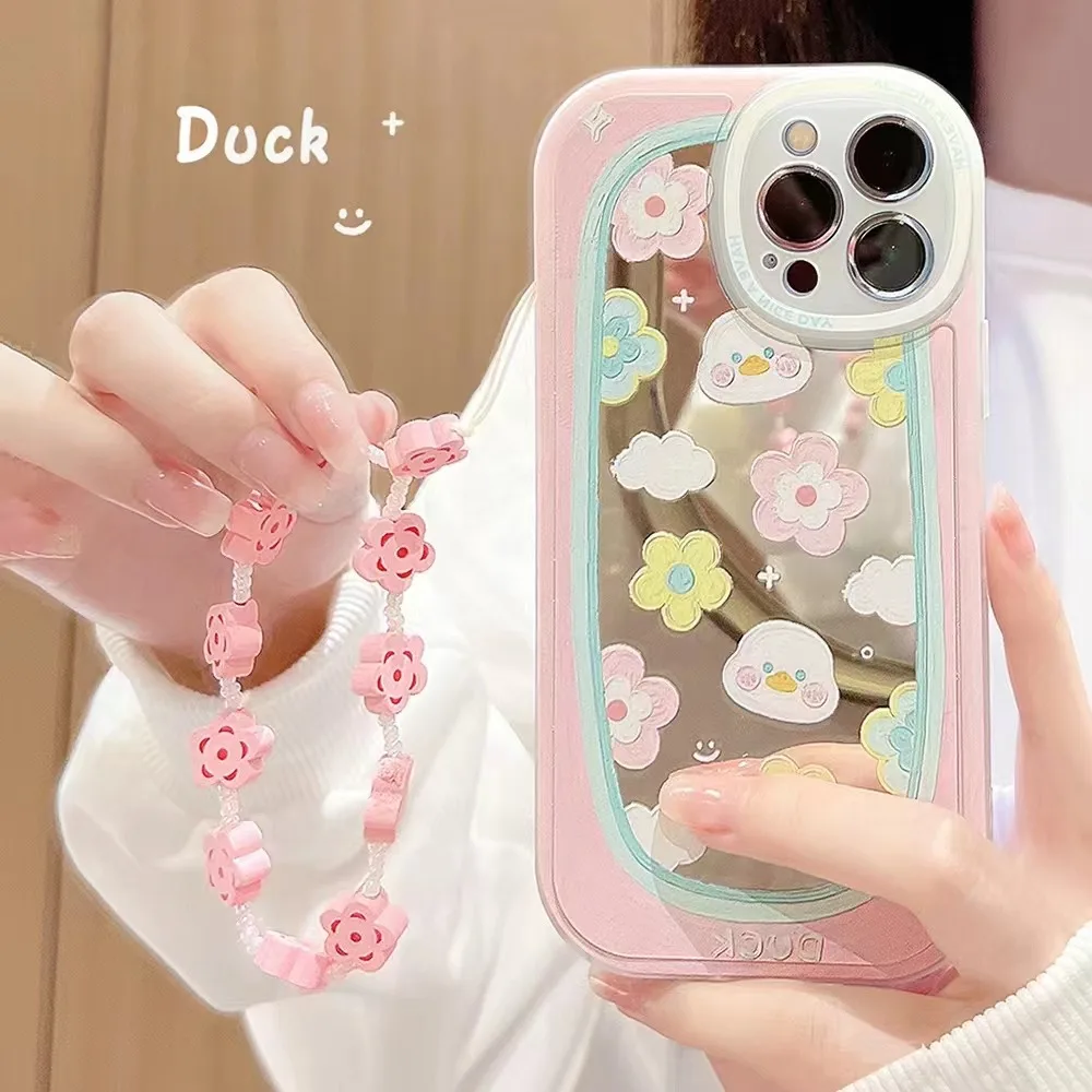 

Cute Mirror Duck Case for iPhone 11 12 13 14 Pro MAX 14 Plus Girl Chain Casing 11Promax cartoon cover