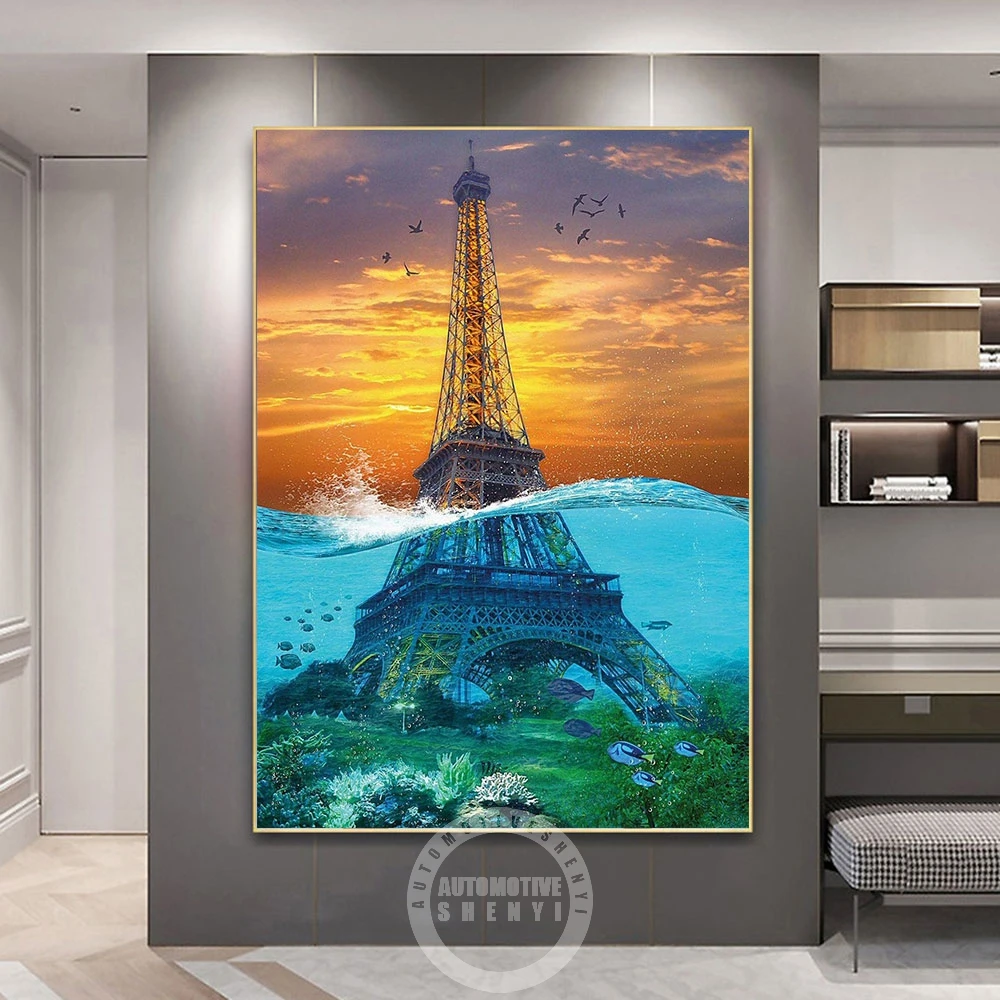 

Eiffel Tower Wall Art Posters Abstract Landscape Print Sea Sky Surrealism Canvas Painting Pictures Living Room Home Decoration