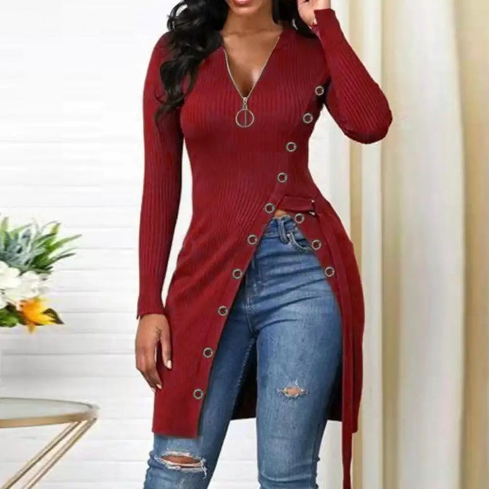 

Sweater Zipper V-Neck Long Sleeve Waist Strap Mid-Length Ribbed Women Blouse Split Hem Knitting Pullover Top Streetwear