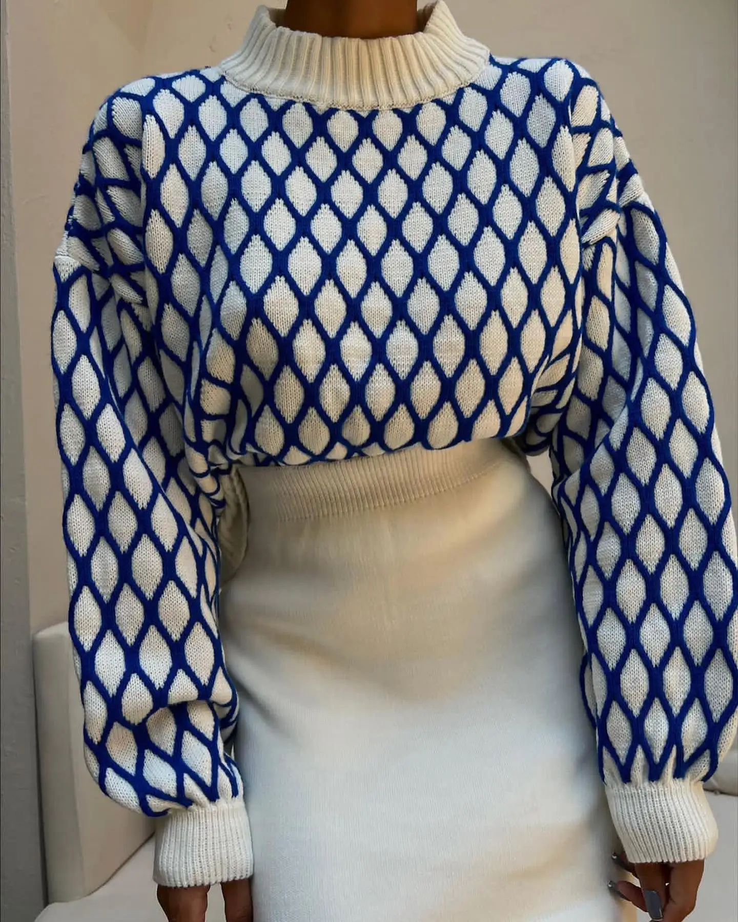 Зимний женский свитер с высоким воротником в клетку толстые теплые вязаные