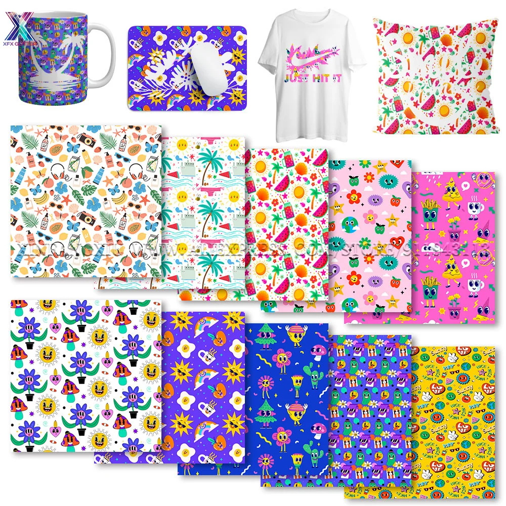 

XFX 10 Pcs Cartoon Infusible Transfer Ink Sheets 12x12" Flowers Sublimation Transfer Ink for Mug Heat Press Iron on T-shirt DIY