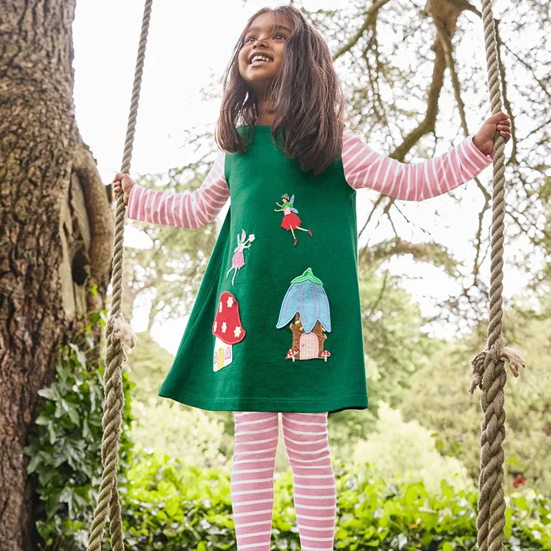 

Dress for Girls 2023 Spring Long Sleeve Girls Dress Knitted Cotton Round Neck Cartoon Embroidered Princess Skirt Kids Costume