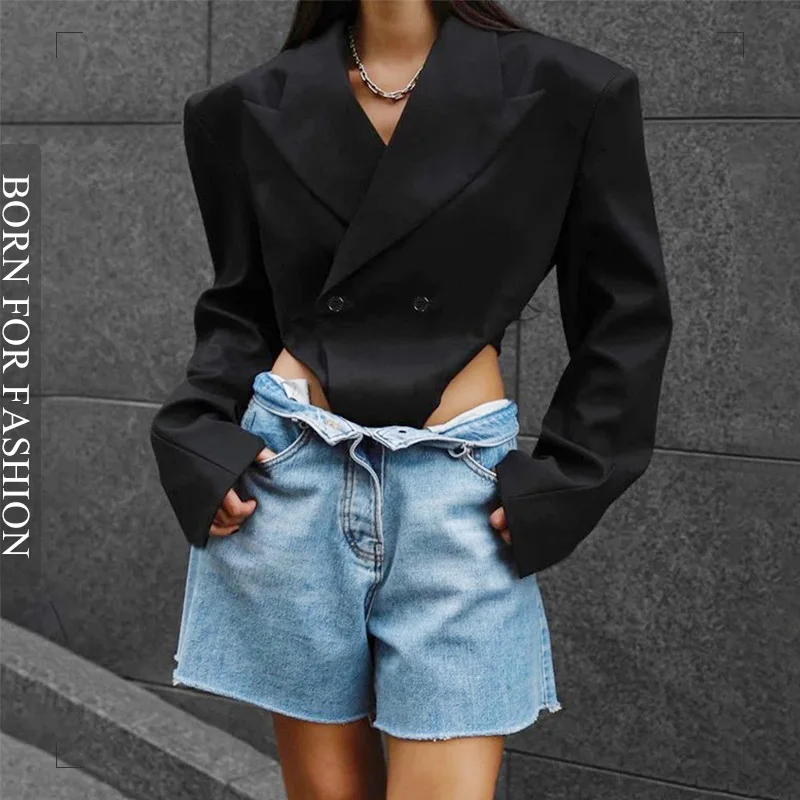 Fashion Long Sleeve Shoulder Pads Blazer Jacket Women Sexy Cutout Button Crop Top Bodysuit Y2k Clothes Streetwear Suit Autumn