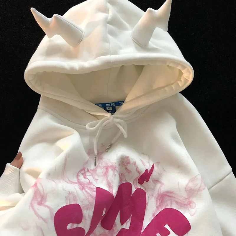 

Hoodies Devil ears Letter foam tops multiple colour Long Sleeve Hooded Pullover Sweatshirt Woman clothes Kawaii Plus fleece y2k