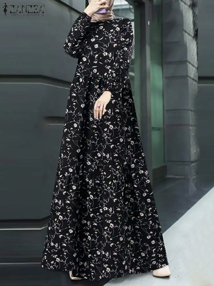 

ZANZEA Kaftan Abaya Muslim Dress Women Floral Printed Full Sleeve O-Neck Maxi Vestidos Femme Holiday Casual Loose Sundress Robe