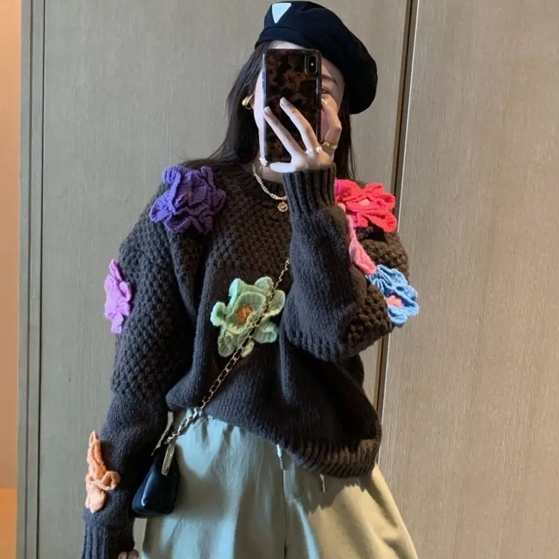 

Flower Pullover Sweater Women Loose Lazy Wind 2022 Spring And Autumn New Fashion Top Knitting Sweet