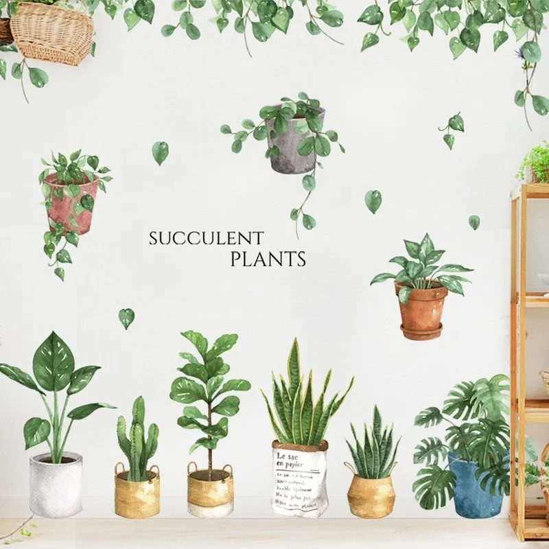 

New Potted Green Plants Green Leaf Cactus Wall Stickers Living Room Bedroom Porch Corridor Decoration Painting Home Decor Poster