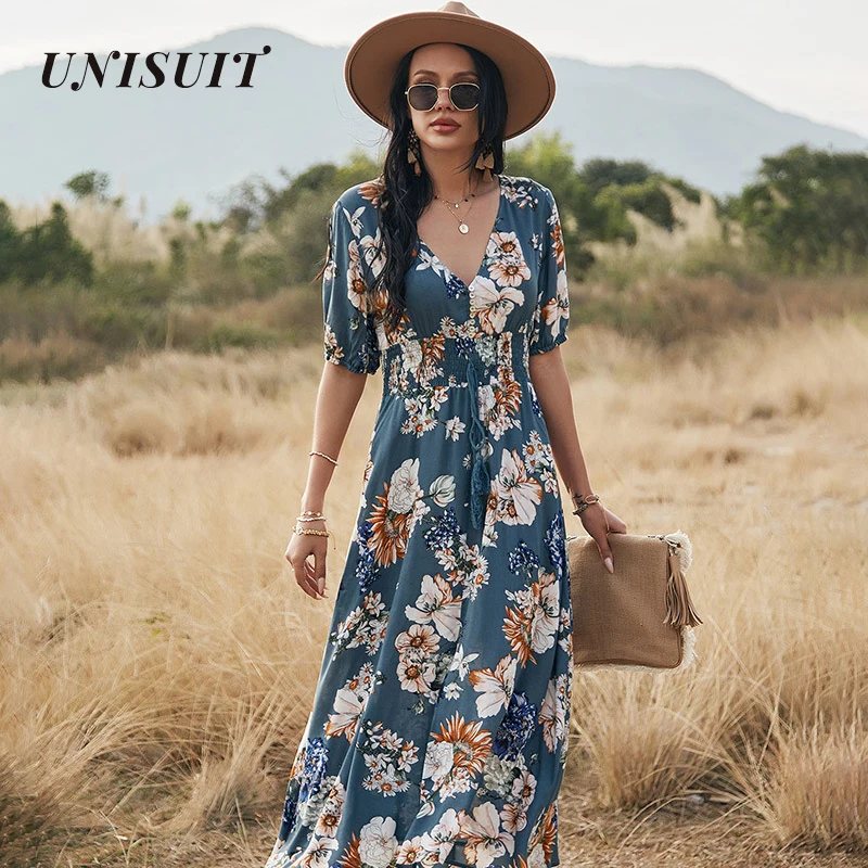 UNISUIT Spring Summer Long Floral Dress Women Sexy V Neck Short Sleeve Bandage Black Blue Yellow S -XL |