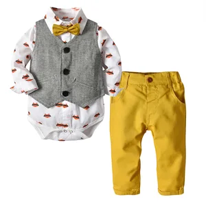 Autumn Fashion infant clothing Baby Suit Baby Boys Clothes Gentleman Bow Tie Rompers + Vest + Trouse