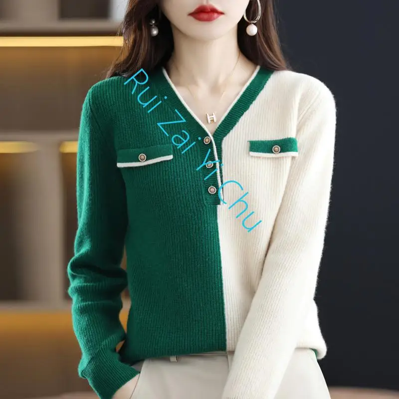 

New V-Neck Color Matching Wool Sweater In Spring and Autumn The Female Pullover Versatile Loose Knit Fashion Bottoming Shirt