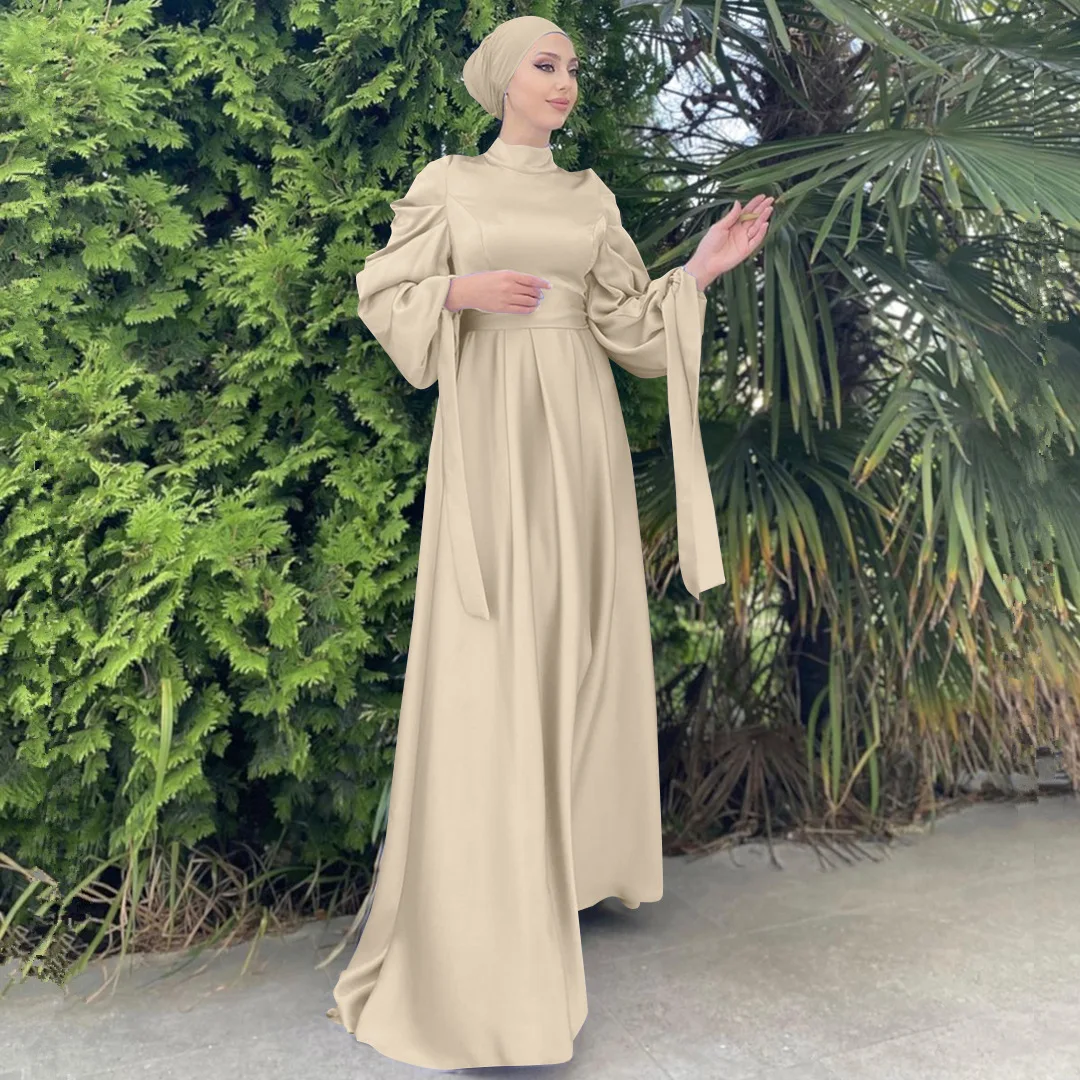 

Hijab Satin Dress Ramadan Muslim Fashion Belted Abaya Dubai Turkey Arabic African Maxi Dresses for Women Islam Clothing Kaftan
