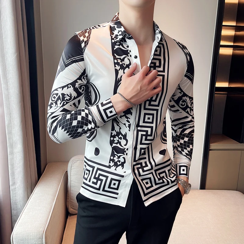 

Men Baroque Long Sleeve Shirts 2022 Spring Luxury Party Prom Wear Slim Fit Male Brand Clothing Vintage Print Casual Dress Shirt