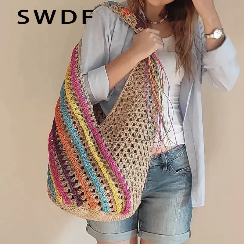 

Casual Colorful Striped Straw Women Shoulder Bags Hollow Large Tote Bag Handmade Summer Beach Bag Big Bali Handabgs 2023 Holiday